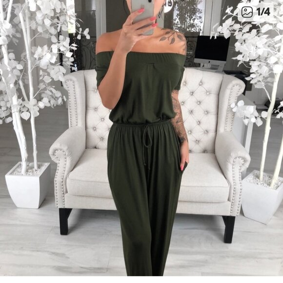 Fantastic Fawn Pants - Fantastic Fawn Olive Green Soft and Stretchy Jumpsuit Romper Off Shoulder